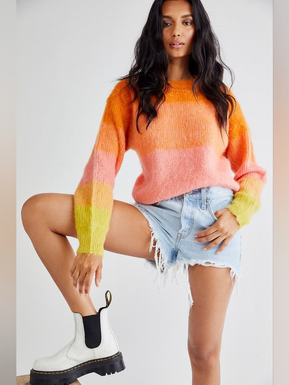 Free People Autumn Sky Fuzzy Striped Colorblock Knit Pullover Sweater Boho L